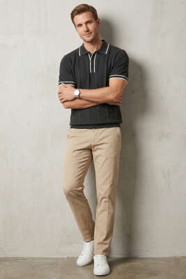 Polo Yaka Düğmeli Örme Erkek T-shirt Füme - Erkek T-shirt