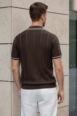 Polo Yaka Düğmeli Örme Erkek T-shirt Kahve - Erkek Polo Yaka Tişört