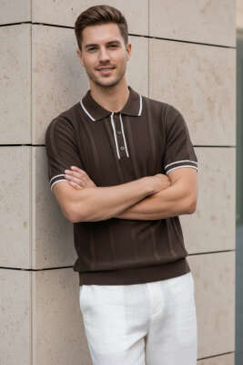 Polo Yaka Düğmeli Örme Erkek T-shirt Kahve - DEEP POİNT