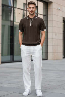 Polo Yaka Düğmeli Örme Erkek T-shirt Kahve - Erkek T-shirt