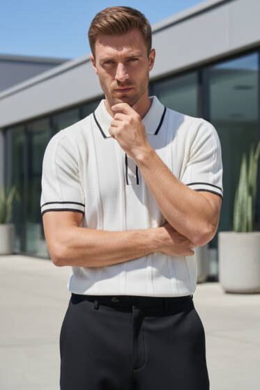 Polo Yaka Düğmeli Örme Erkek T-shirt Krem - Erkek T-shirt