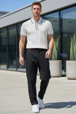 Polo Yaka Düğmeli Örme Erkek T-shirt Krem - Erkek T-shirt