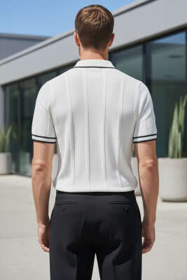 Polo Yaka Düğmeli Örme Erkek T-shirt Krem - Erkek T-shirt