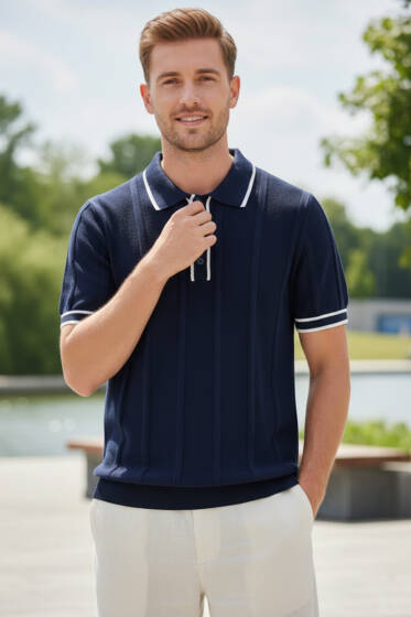 Polo Yaka Düğmeli Örme Erkek T-shirt Lacivert - Erkek T-shirt