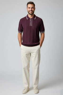 Polo Yaka Düğmeli Örme Erkek T-shirt Mürdüm - Erkek T-shirt