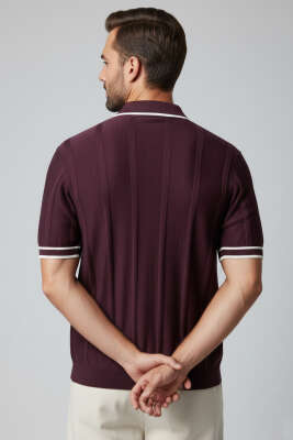 Polo Yaka Düğmeli Örme Erkek T-shirt Mürdüm - Erkek T-shirt