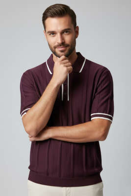 Polo Yaka Düğmeli Örme Erkek T-shirt Mürdüm 