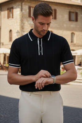 Polo Yaka Düğmeli Örme Erkek T-shirt Siyah - DEEP POİNT