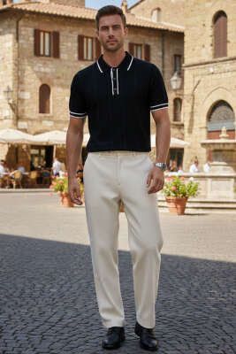 Polo Yaka Düğmeli Örme Erkek T-shirt Siyah - Erkek T-shirt