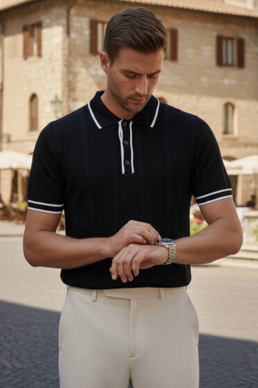 Polo Yaka Düğmeli Örme Erkek T-shirt Siyah - Siyah Polo Yaka Tişört