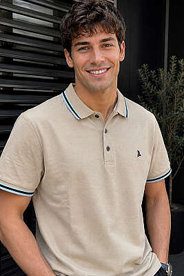 Polo Yaka Düğmeli Ribanalı Erkek T-shirt Camel 
