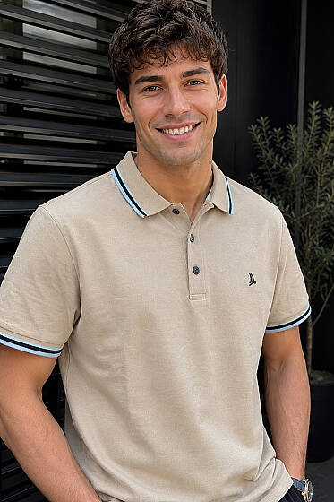 Polo Yaka Düğmeli Ribanalı Erkek T-shirt Camel - Erkek T-shirt