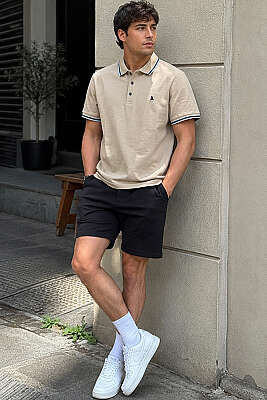 Polo Yaka Düğmeli Ribanalı Erkek T-shirt Camel - Erkek T-shirt