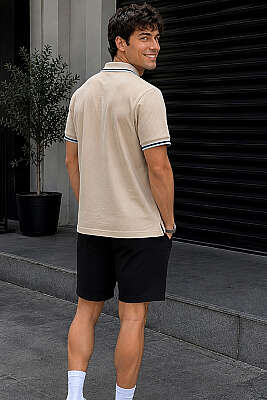 Polo Yaka Düğmeli Ribanalı Erkek T-shirt Camel - Erkek T-shirt