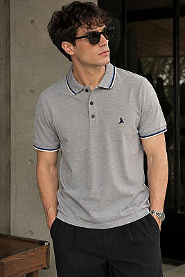 Polo Yaka Düğmeli Ribanalı Erkek T-shirt Gri 