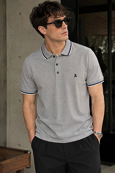 Polo Yaka Düğmeli Ribanalı Erkek T-shirt Gri - Erkek T-shirt