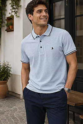 Polo Yaka Düğmeli Ribanalı Erkek T-shirt Mavi - HİT TİME