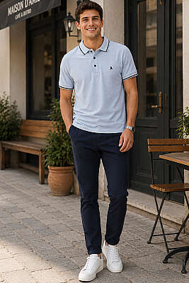 Polo Yaka Düğmeli Ribanalı Erkek T-shirt Mavi - Erkek T-shirt