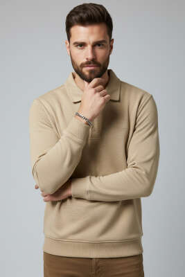 Polo Yaka Düğmeli Selanik Erkek Sweatshirt Camel - BESSE