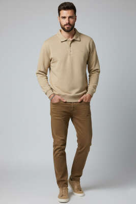 Polo Yaka Düğmeli Selanik Erkek Sweatshirt Camel - Erkek Polo Yaka Tişört