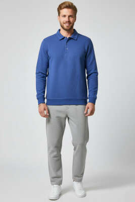 Polo Yaka Düğmeli Selanik Erkek Sweatshirt İndigo - Erkek Sweatshirt