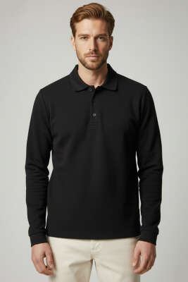 Polo Yaka Düğmeli Selanik Erkek Sweatshirt Siyah - BESSE