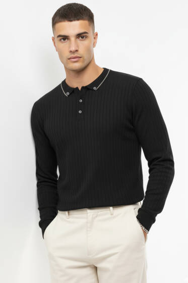 Polo Yaka Düğmeli Sweatshirt Siyah - Erkek Sweatshirt