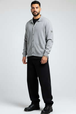 Polo Yaka Düğmeli Triko Erkek Hırka Gri - Erkek Hırka