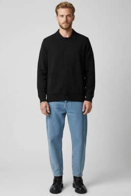 Polo Yaka Düğmeli Triko Erkek Hırka Siyah - Erkek Hırka