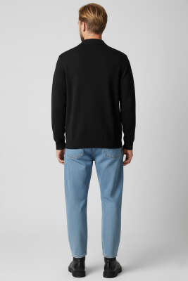 Polo Yaka Düğmeli Triko Erkek Hırka Siyah - Erkek Hırka