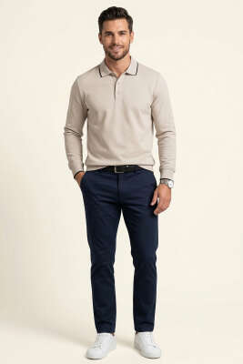 Polo Yaka Düğmeli Uzun Kol Sweatshirt Bej - Erkek Sweatshirt