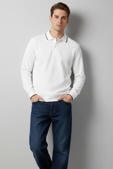 Polo Yaka Düğmeli Uzun Kol Sweatshirt Beyaz - Erkek Polo Yaka Tişört
