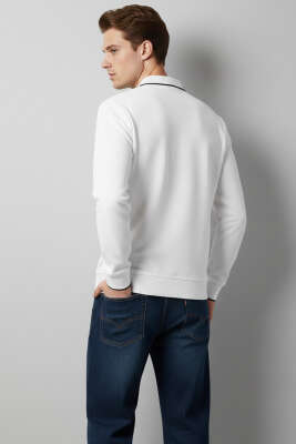 Polo Yaka Düğmeli Uzun Kol Sweatshirt Beyaz - Erkek Polo Yaka Tişört