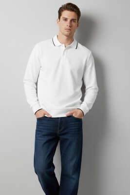 Polo Yaka Düğmeli Uzun Kol Sweatshirt Beyaz - FRESHMAN