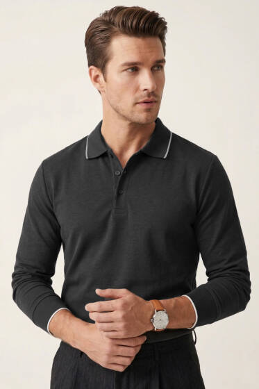 Polo Yaka Düğmeli Uzun Kol Sweatshirt Füme - Erkek Sweatshirt