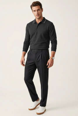 Polo Yaka Düğmeli Uzun Kol Sweatshirt Füme - Erkek Sweatshirt