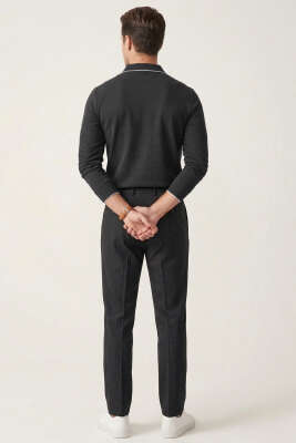 Polo Yaka Düğmeli Uzun Kol Sweatshirt Füme - Erkek Sweatshirt