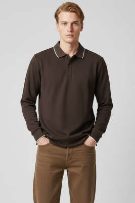 Polo Yaka Düğmeli Uzun Kol Sweatshirt Kahve 