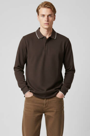 Polo Yaka Düğmeli Uzun Kol Sweatshirt Kahve - Erkek Sweatshirt