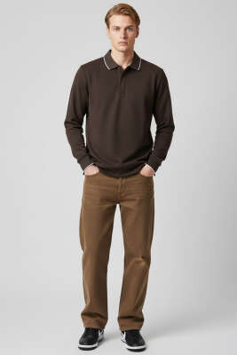 Polo Yaka Düğmeli Uzun Kol Sweatshirt Kahve - Erkek Sweatshirt