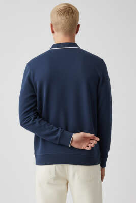 Polo Yaka Düğmeli Uzun Kol Sweatshirt Lacivert - Erkek Polo Yaka Tişört