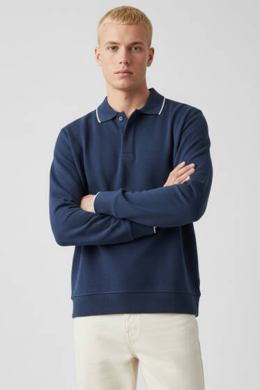 Polo Yaka Düğmeli Uzun Kol Sweatshirt Lacivert - Erkek Polo Yaka Tişört