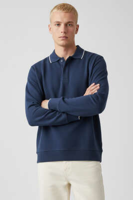 Polo Yaka Düğmeli Uzun Kol Sweatshirt Lacivert - Erkek Sweatshirt