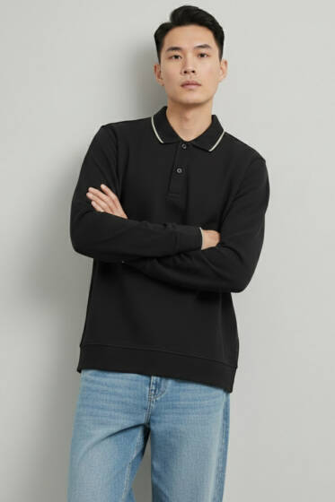 Polo Yaka Düğmeli Uzun Kol Sweatshirt Siyah - Erkek Polo Yaka Tişört