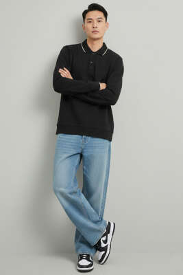 Polo Yaka Düğmeli Uzun Kol Sweatshirt Siyah - Erkek Sweatshirt