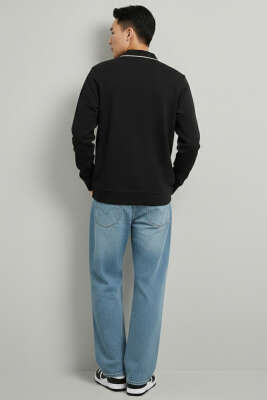 Polo Yaka Düğmeli Uzun Kol Sweatshirt Siyah - Erkek Sweatshirt