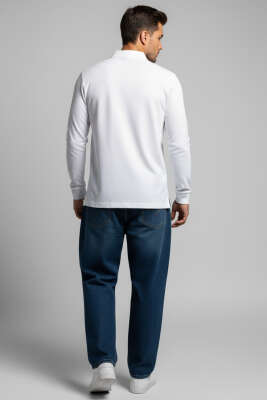 Polo Yaka Düğmeli Waffle Sweatshirt Beyaz - Erkek Sweatshirt