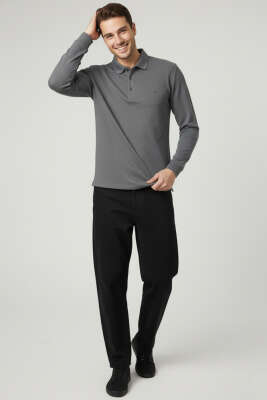 Polo Yaka Düğmeli Waffle Sweatshirt Füme - Erkek Sweatshirt