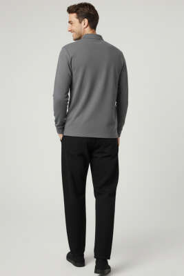 Polo Yaka Düğmeli Waffle Sweatshirt Füme - Erkek Sweatshirt