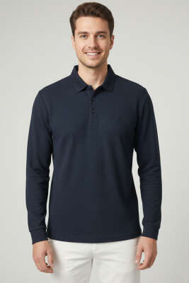 Polo Yaka Düğmeli Waffle Sweatshirt Lacivert - HİT TİME